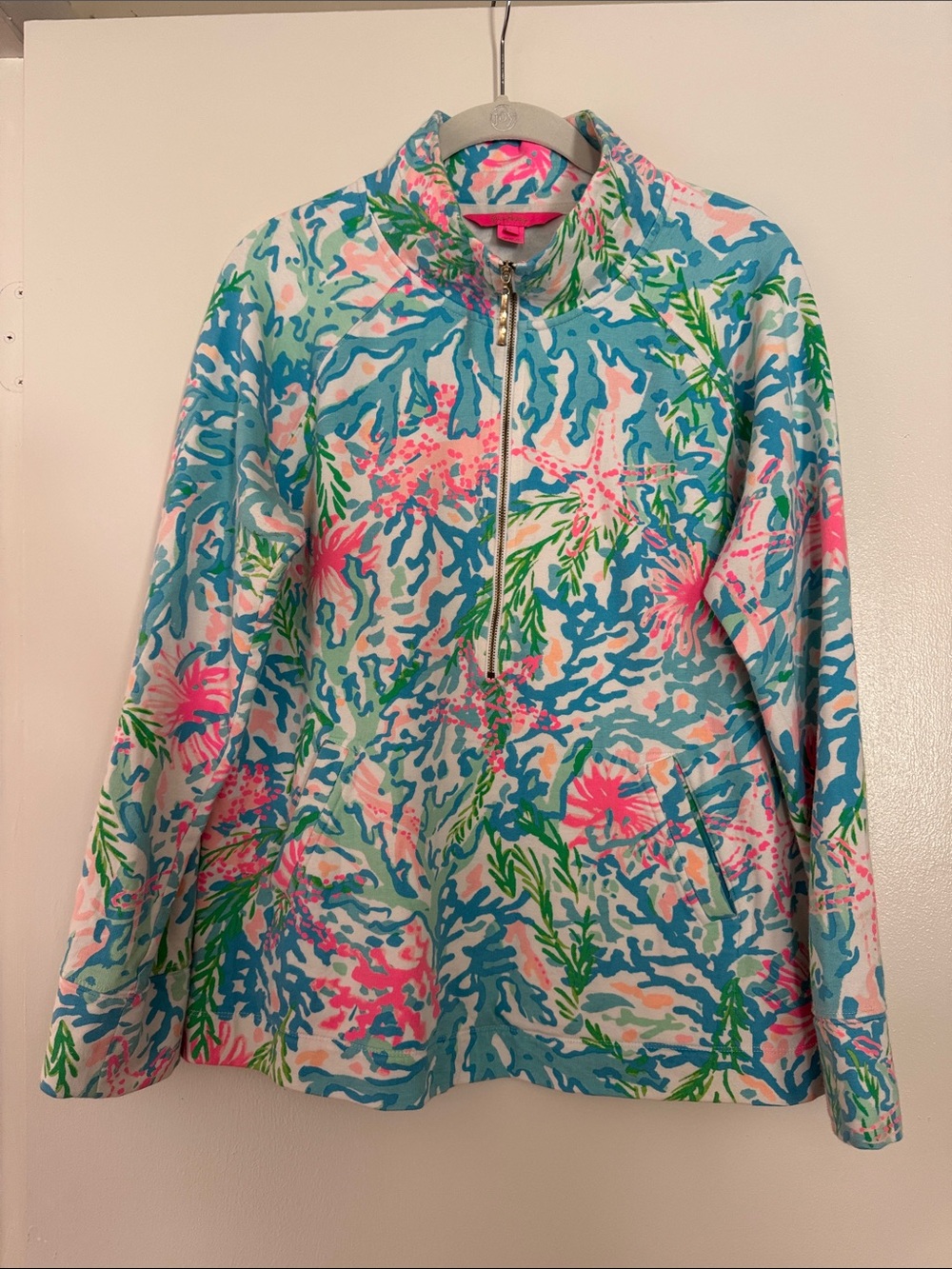 Lilly Pulitzer Coral Reef Print Half-Zip Utility Jacket — Blue, Pink, Green